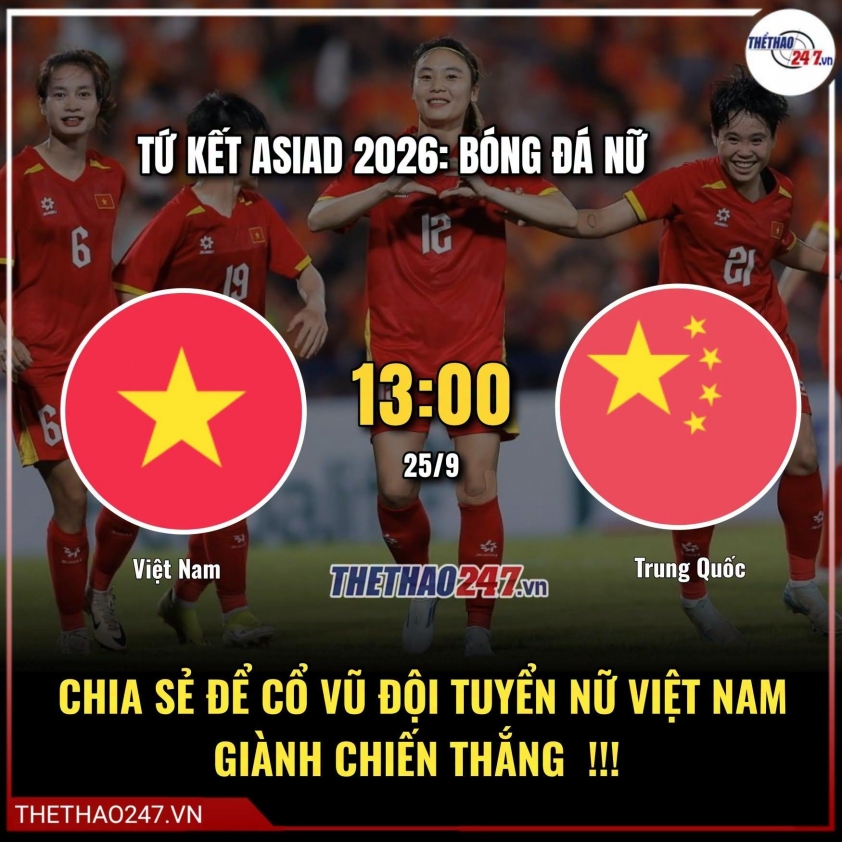 Trực tiếp nữ Việt Nam vs nữ Trung Quốc, 13h00 hôm nay 25/9